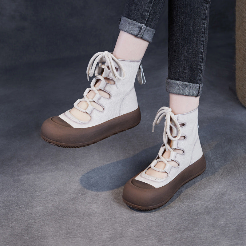 Women Retro Breathable Hollow Leather Lace-Up Short Boots