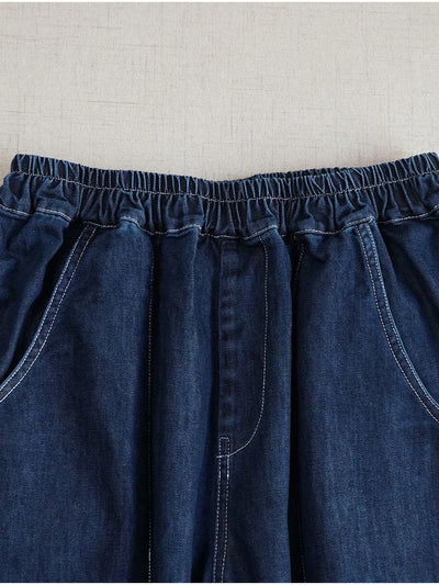 Autumn Retro Denim Casual Elastic Wasit Pockets Jeans