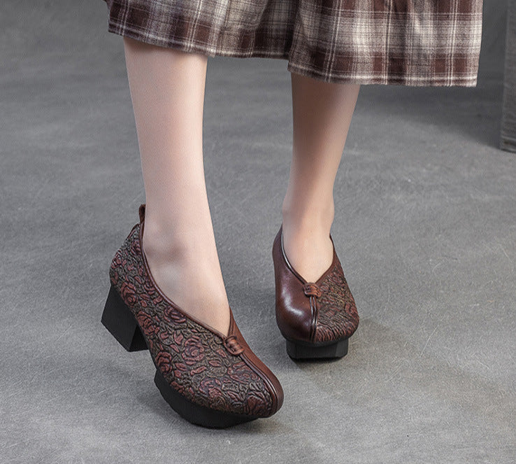 Ladies Vintage Floral Embossed Leather Block Heel Shoes