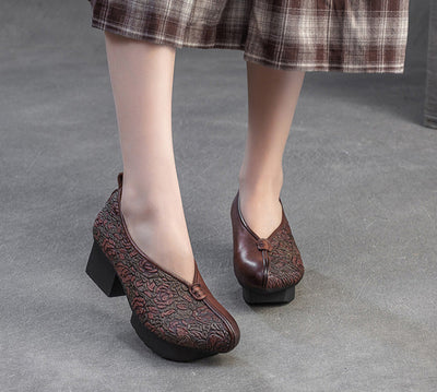 Ladies Vintage Floral Embossed Leather Block Heel Shoes