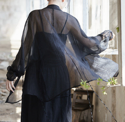 Women Long Sleeves Side Tie Sheer Wrap Soft Tencel Blouses