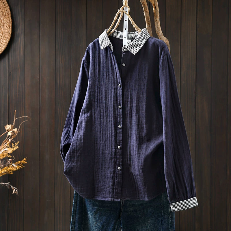 Women Spring Vintage Pure Cotton Solid Color Long Sleeve Blouse