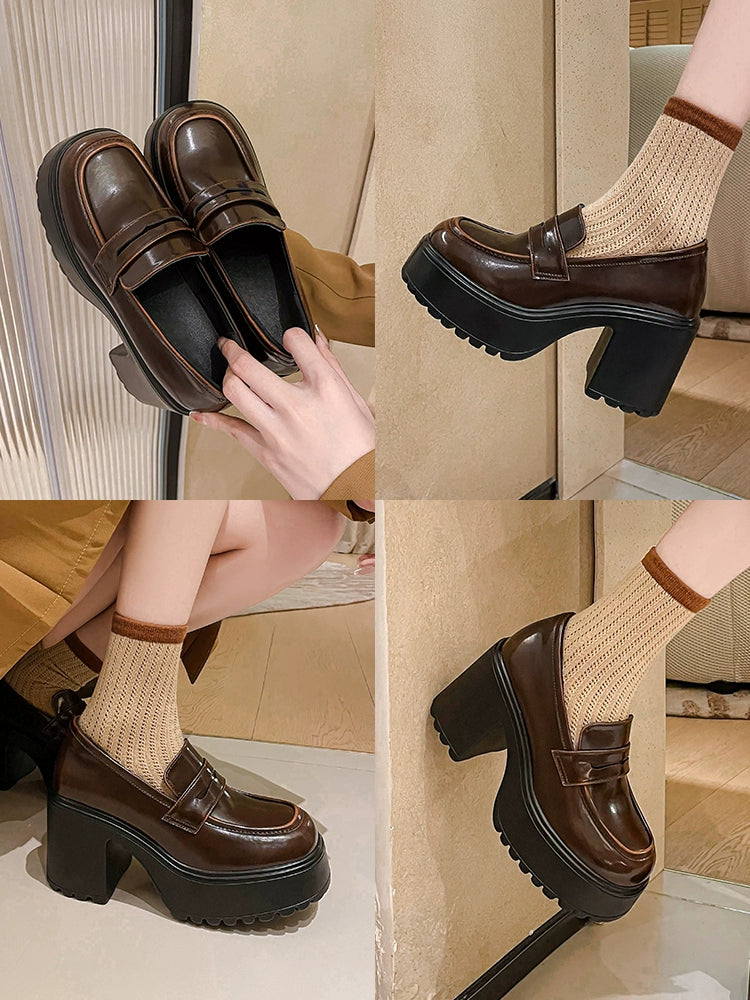 Women Retro Microfiber Platform Loafer Slip-On High Heel Shoes