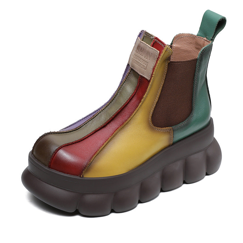 Multicolor Retro Chunky Sole Leather Ankle Boots for Women