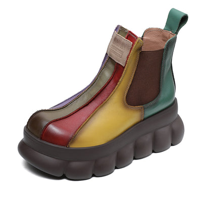 Multicolor Retro Chunky Sole Leather Ankle Boots for Women