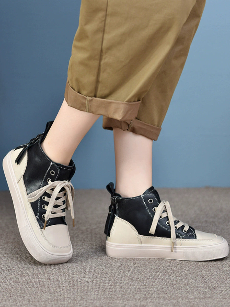 Women Retro Leather Patchwork Versatile Platform Shoes