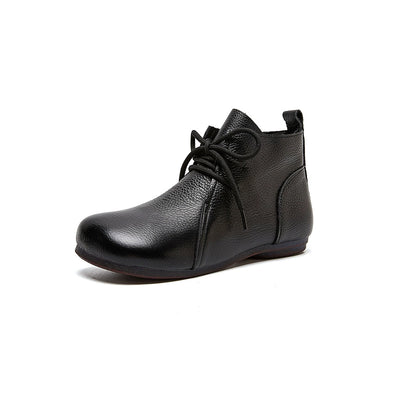 Genuine Leather Retro Round Toe Lace-Up Ankle Boots