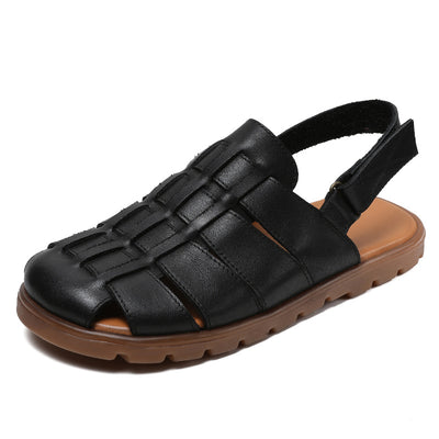 Summer Retro Leather Woven Closed Toe Cut-Out Soft Sole Flats