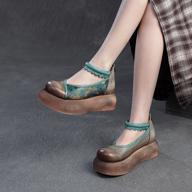 Retro Leather Fashionable Platform Printed Lace Straped Shoes