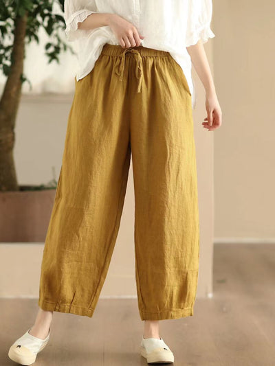 Women Comfortable Linen Straight-Leg Elastic Waist Harem Pants