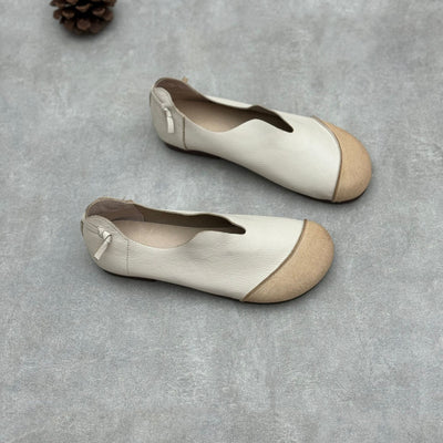 Ladies Retro Contrast Low Heeled Soft Leather Slip-On Shoes