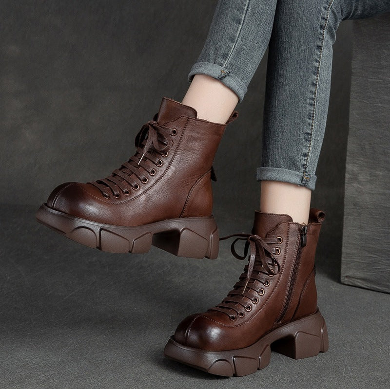 Women Retro Platform Fleece Lining Leather Short Boots