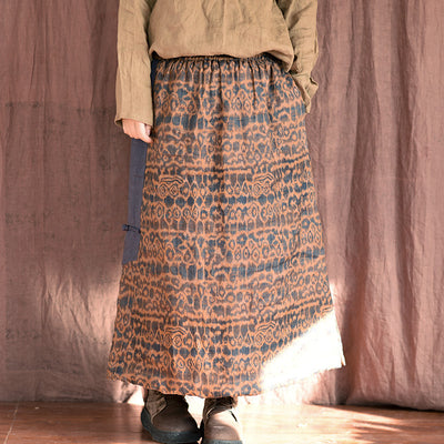 Ethnic Printed Slit Warm Padded Cotton Linen Midi Skirt