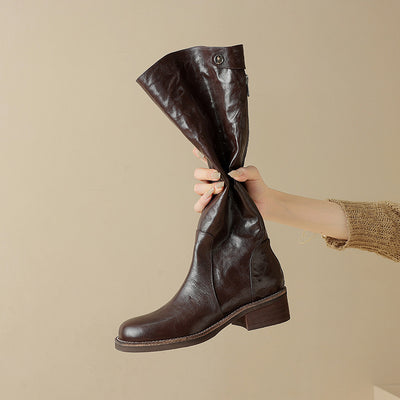 Fashionable Sheepskin Leather Chunky Zipper Knee-High Boots