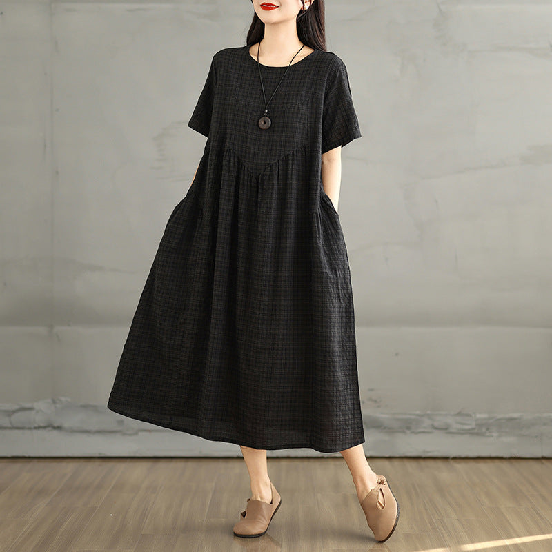 Women Summer Cotton Linen Round Neck Plaid Dress