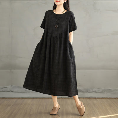 Women Summer Cotton Linen Round Neck Plaid Dress