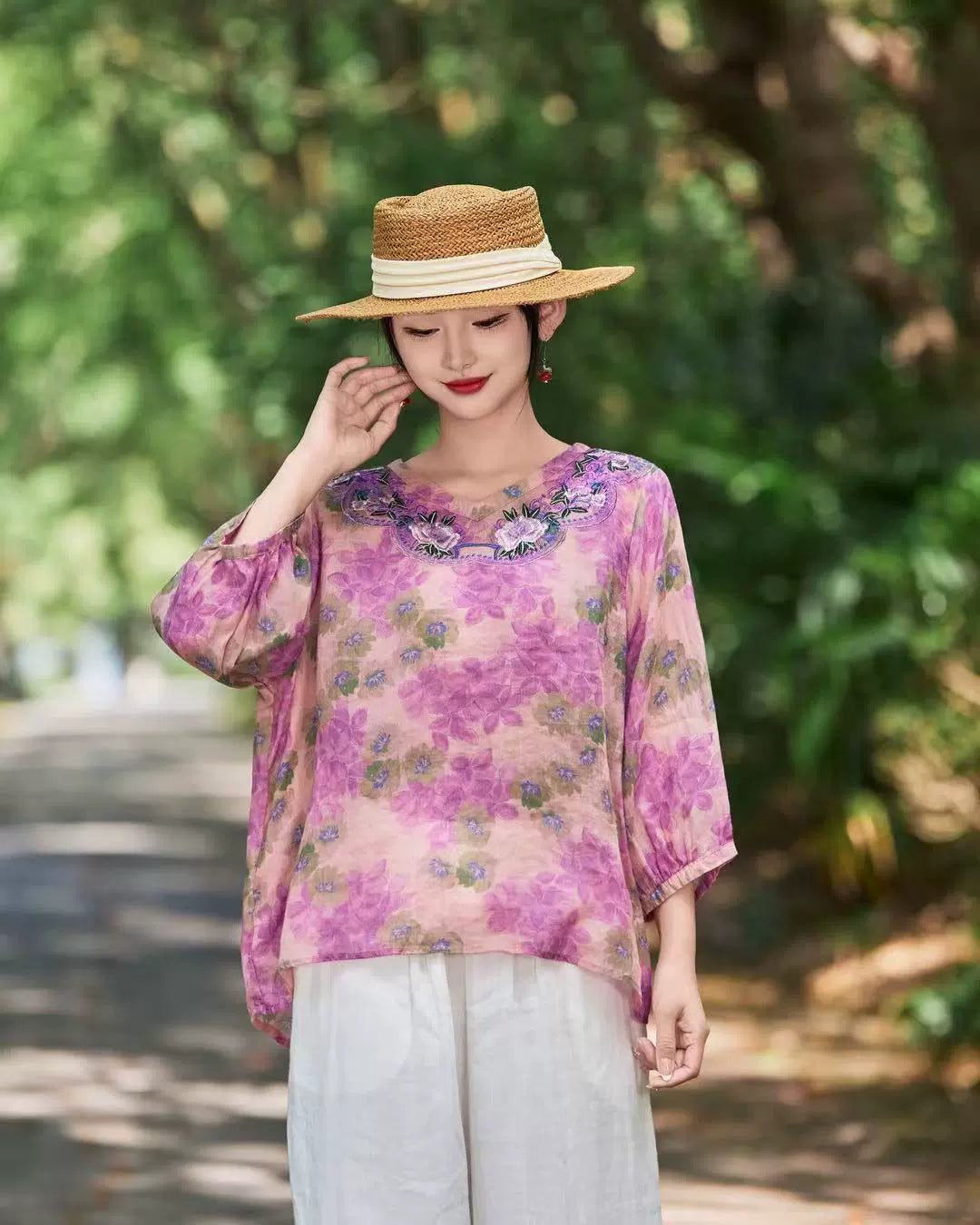Summer Retro Ramie Floral Embroidered V-Neck Shirt