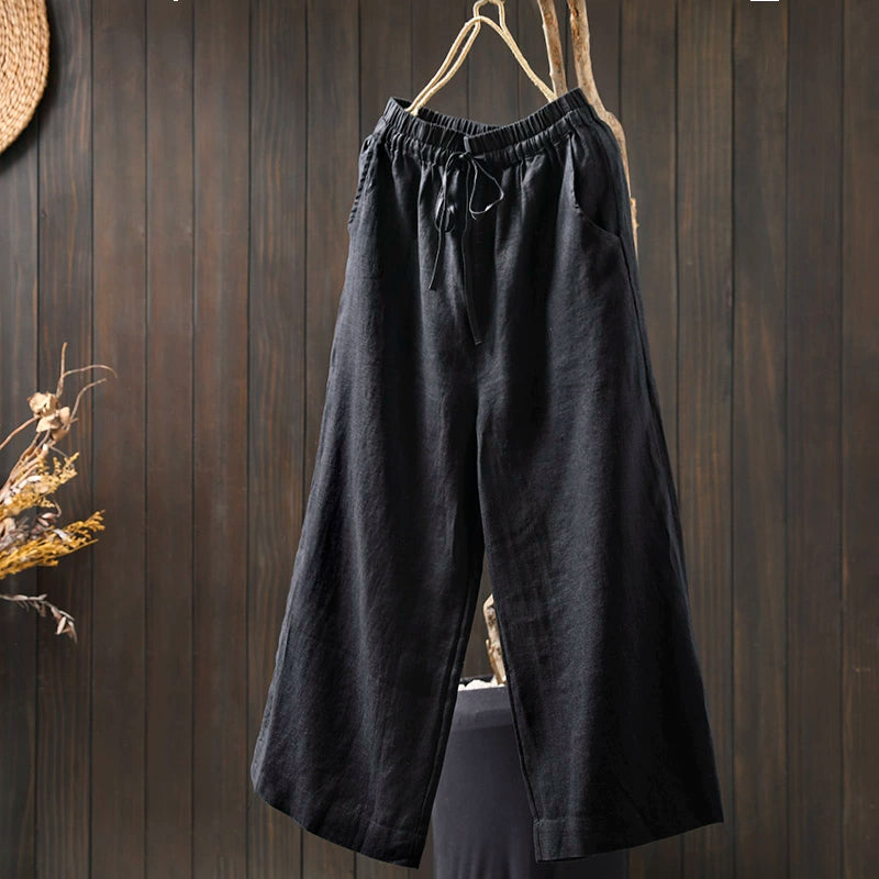 Women Spring Vintage Linen Solid Color Casual Wide-Leg Pants