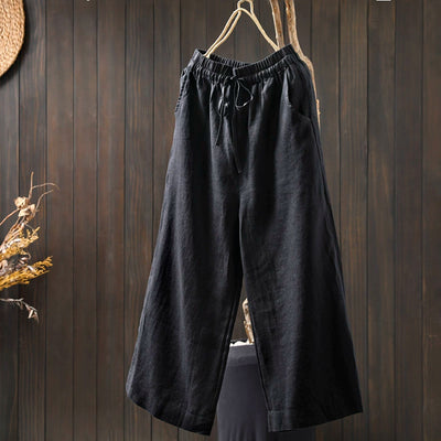 Women Spring Vintage Linen Solid Color Casual Wide-Leg Pants