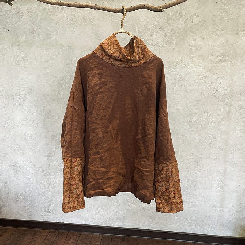 Ladies Vintage Loose Printed Patchwork Turtleneck Linen Top