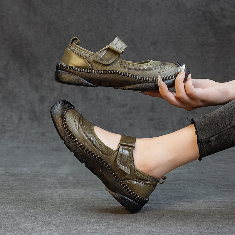 Casual Leather Soft Sole Wide Round Toe One Straped Shoes