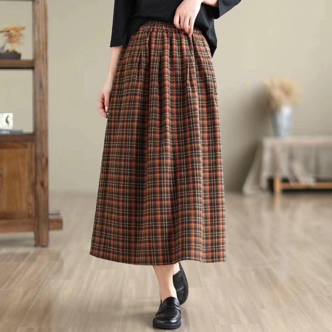 Women Summer Retro Cotton Plaid Loose Versatile A-Line Skirt