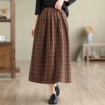 Women Summer Retro Cotton Plaid Loose Versatile A-Line Skirt