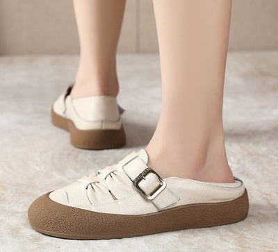 Women Fashion Genuine Leather Ruched Buckled Casual Shoes