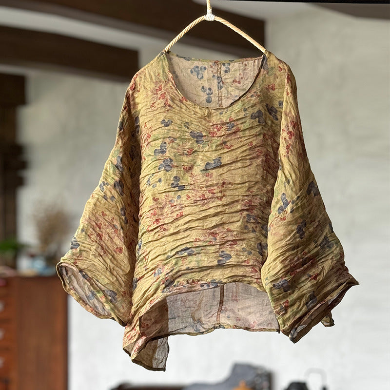 Spring Loose Casual Asymmetric Floral Printed Ramie Blouse