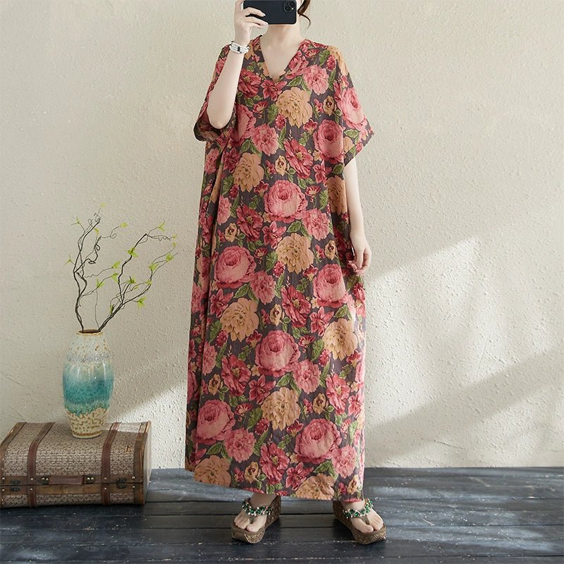 Women Summer Ethnic Cotton-Linen Printed Floral Long Dress