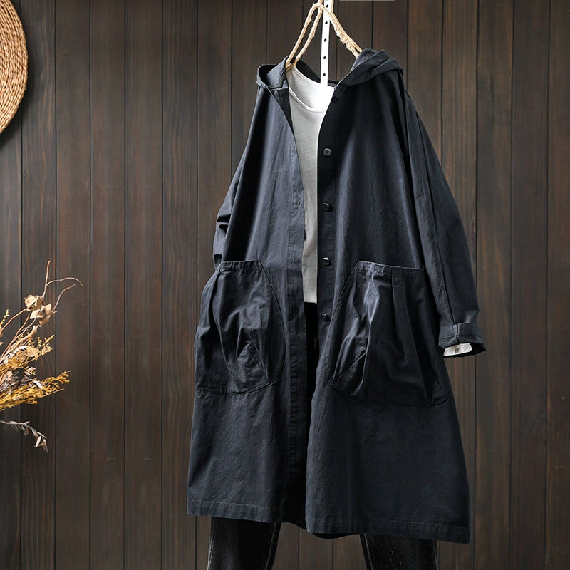 Women Spring Retro Pure Cotton Hooded Coat with Pockets