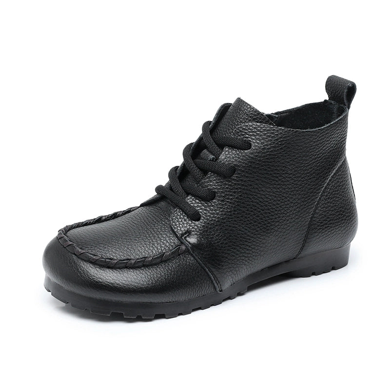 Women Retro Leather Lace-Up Side Zipper Stitching Ankle Boots