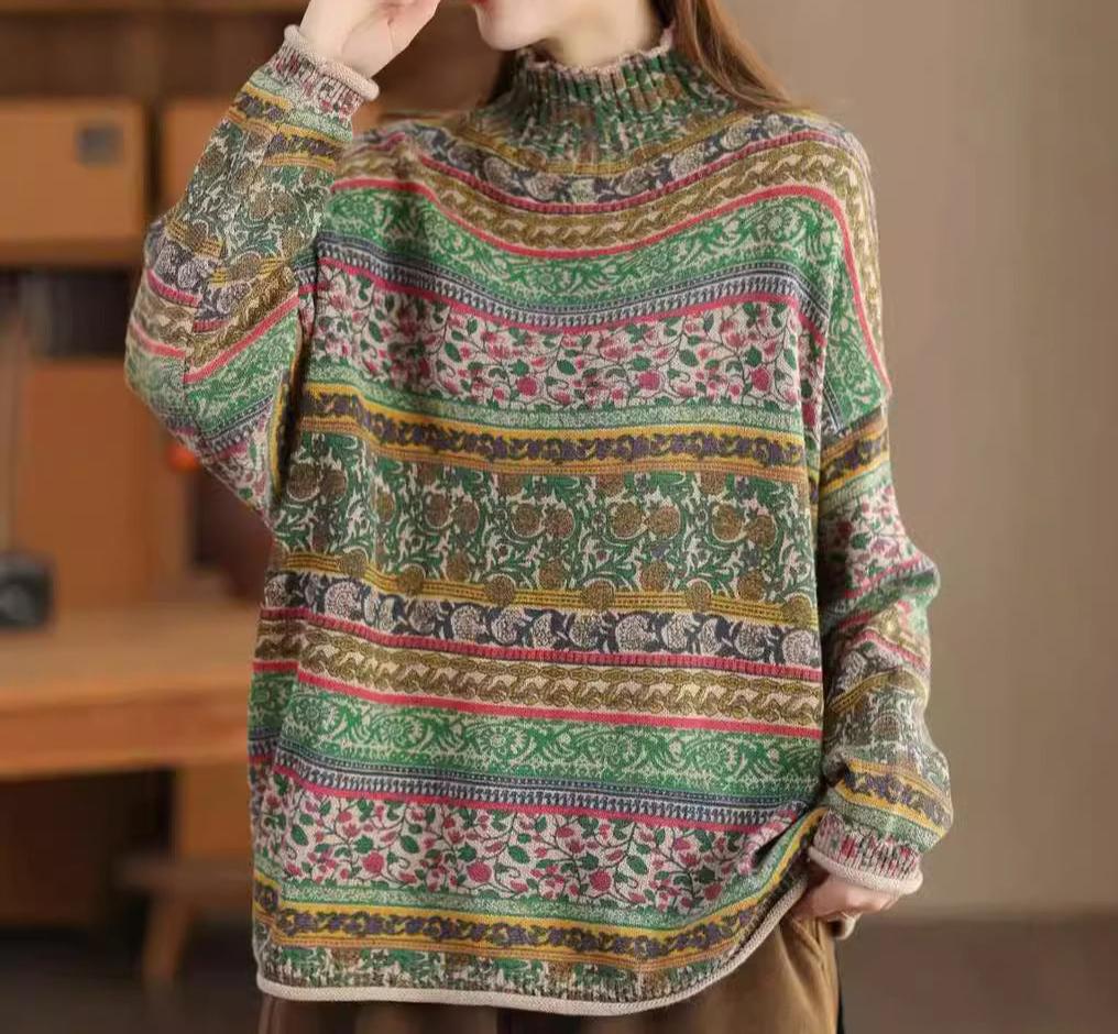 Vintage Floral Patterned Mock Neck Knit Sweater for Women