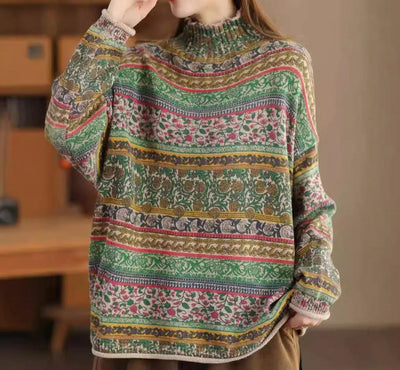 Vintage Floral Patterned Mock Neck Knit Sweater for Women