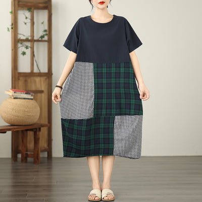 Loose Trendy Retro Short Sleeves Color Block Plaid Cotton Dresses