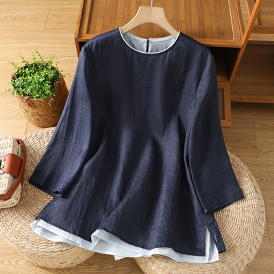 Retro Autumn Linen Round Neck Patchwork Loose Shirt