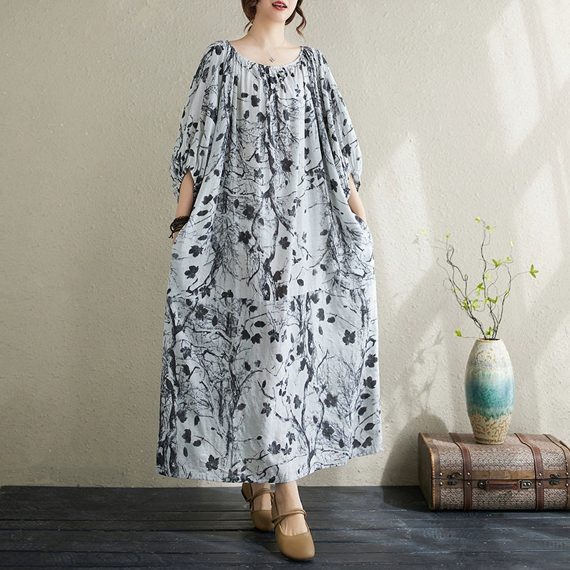 Spring Cotton Comfortable Plus Size Printed Lantern Sleeves Dress
