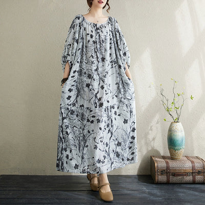 Spring Cotton Comfortable Plus Size Printed Lantern Sleeves Dress