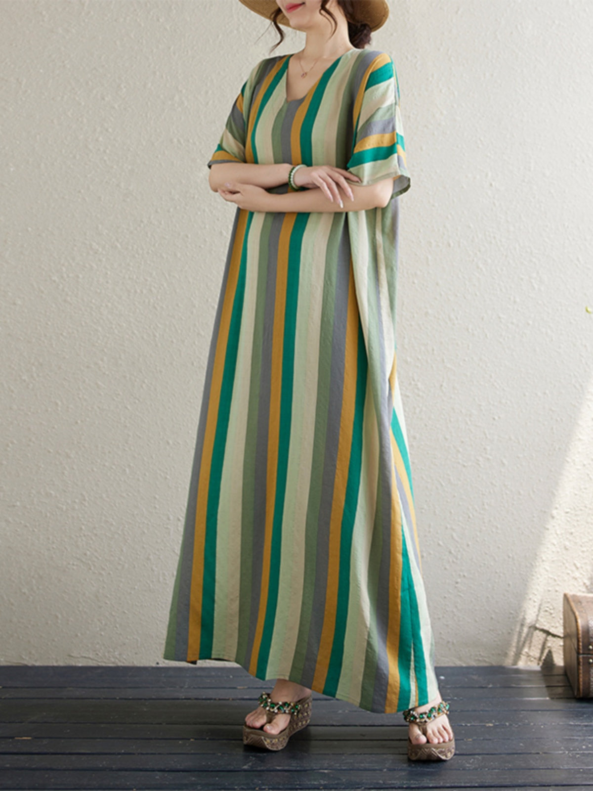 Spring Cotton Linen Stripe Loose Casual V- Neck Dress