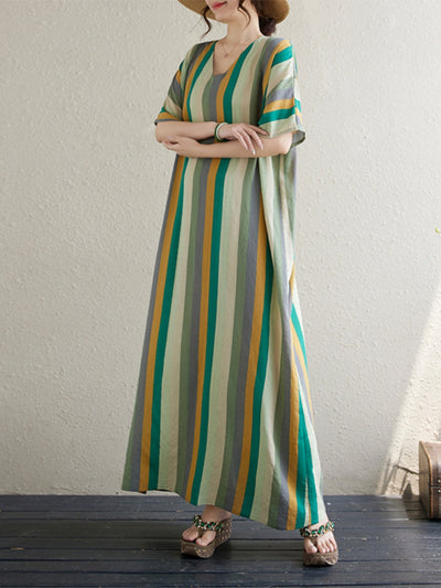 Spring Cotton Linen Stripe Loose Casual V- Neck Dress