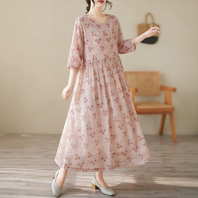 Women Spring Elegant Floral O-Neck Cotton Linen Midi Dresses
