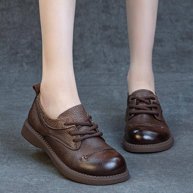Women Black Brown Retro Genuine Leather Lace-Up Casual Shoes