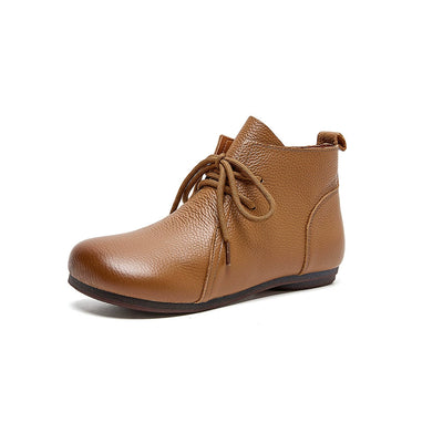 Genuine Leather Retro Round Toe Lace-Up Ankle Boots