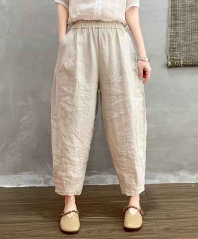 Women Spring Casual Linen Elastic Waist Harem Cropped Pants