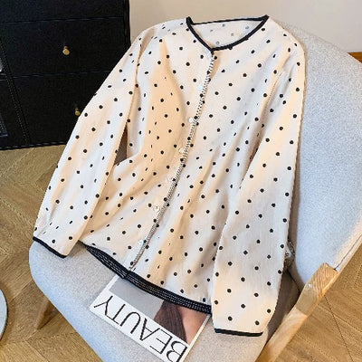 Women Autumn Cotton Round Neck Polka Dot Single-Breasted Shirt
