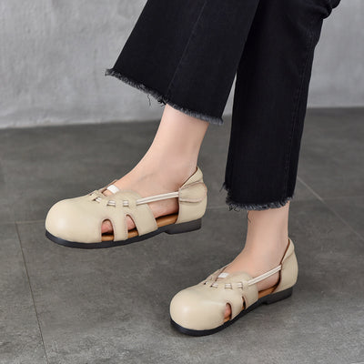Summer Retro Leather Round Toe Cut Out Comfortable Velcro Sandals