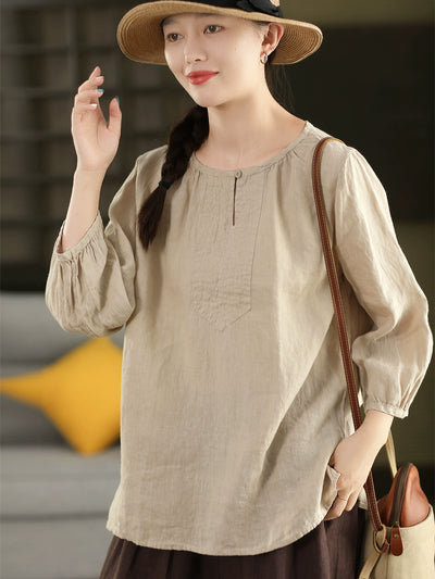 Autumn Retro Linen Round Neck Puff Sleeve Loose Shirt