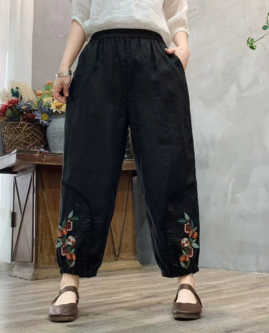 Autumn Linen Embroidered Patchwork Loose Casual Harem Pants