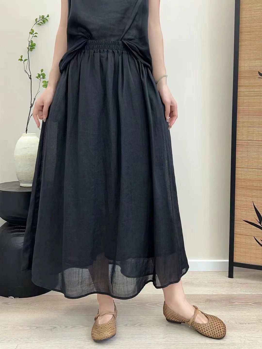Summer Retro Ramie Elastic Waist Loose Solid Color Skirt