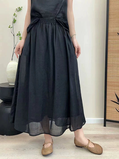 Summer Retro Ramie Elastic Waist Loose Solid Color Skirt